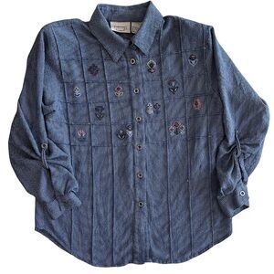 Vintage Koret Embroidered Button Down Blouse Petite Medium 90s Textured Top